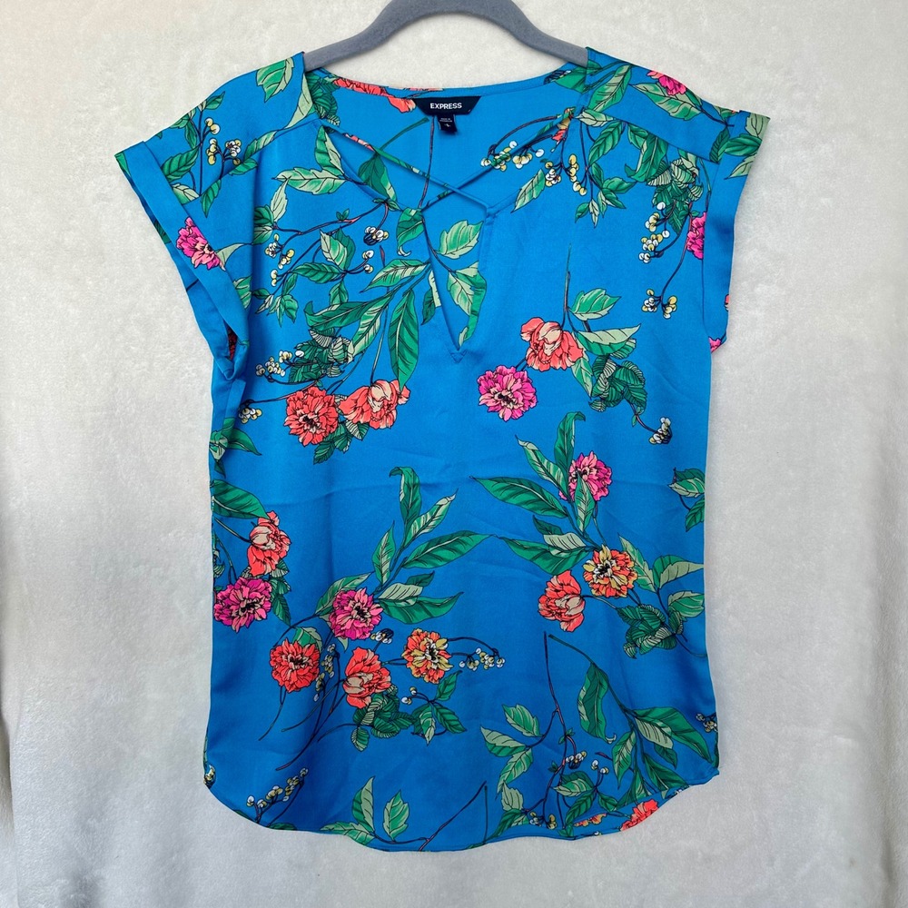 Express Royal Blue Floral Strappy V-Neck Cap Sleeve Cuffed Blouse S
